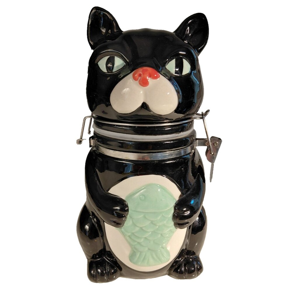 Boston Warehouse Black Cat Holding Fish Ceramic Canister for Kitty Treats!